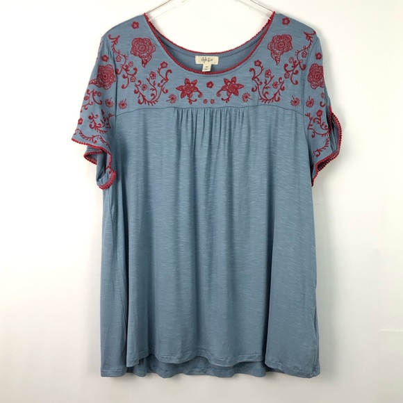 Style & Co. Tops - Style & Co Blue Embroidered Floral Blouse